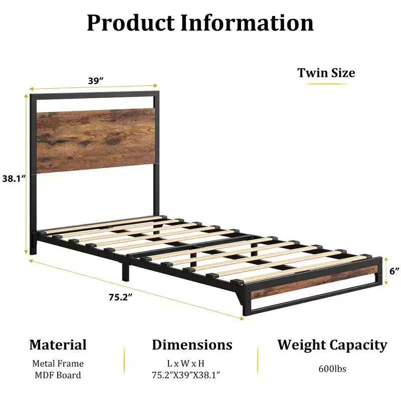 Letto matrimoniale industriale 75.23938.1, telaio in metallo da 272 kg, testiera e pediera in MDF rustico, strisce in EVA silenziose, montaggio senza attrezzi, materasso da 10-14 pollici