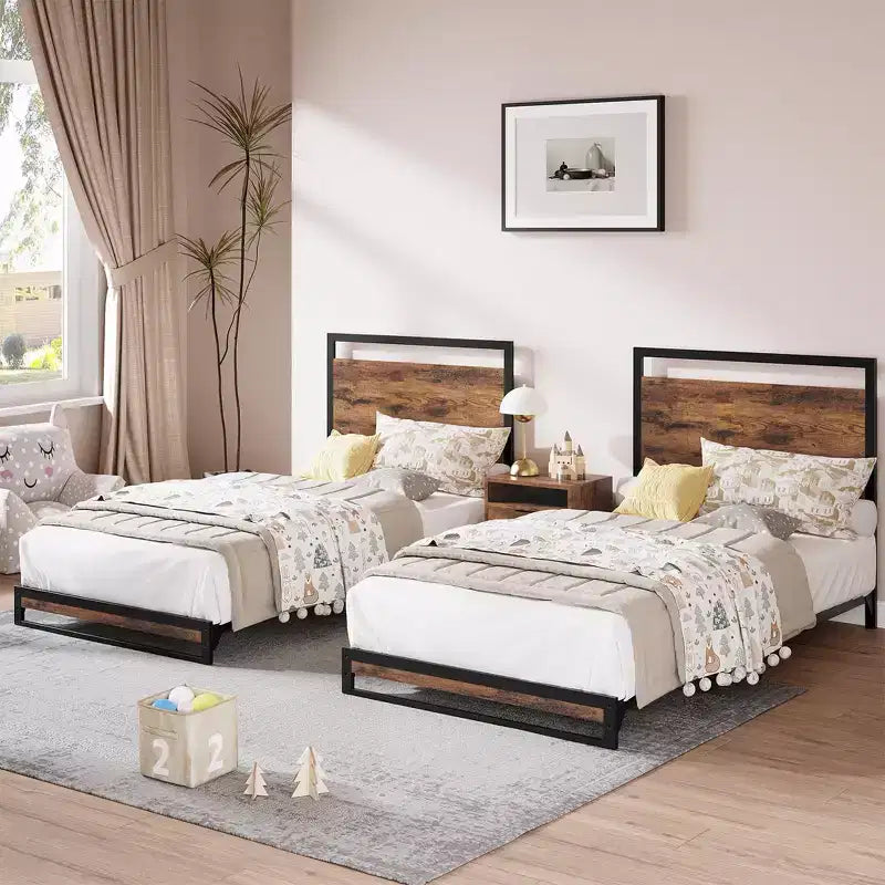 Letto matrimoniale industriale 75.23938.1, telaio in metallo da 272 kg, testiera e pediera in MDF rustico, strisce in EVA silenziose, montaggio senza attrezzi, materasso da 10-14 pollici