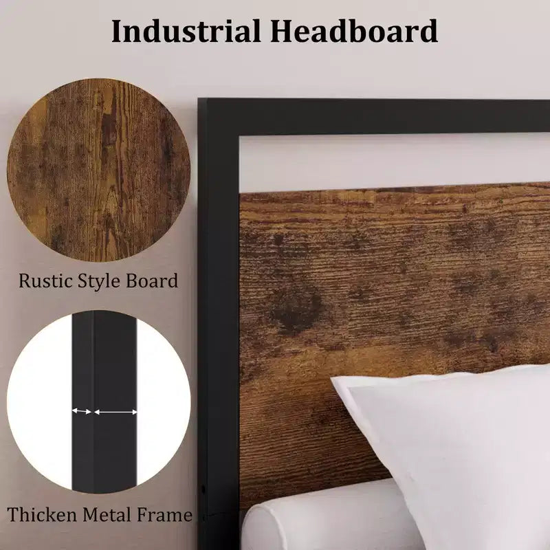 Letto matrimoniale industriale 75.23938.1, telaio in metallo da 272 kg, testiera e pediera in MDF rustico, strisce in EVA silenziose, montaggio senza attrezzi, materasso da 10-14 pollici