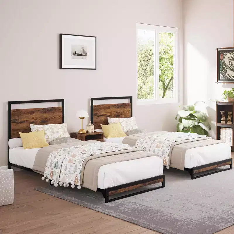 Letto matrimoniale industriale 75.23938.1, telaio in metallo da 272 kg, testiera e pediera in MDF rustico, strisce in EVA silenziose, montaggio senza attrezzi, materasso da 10-14 pollici