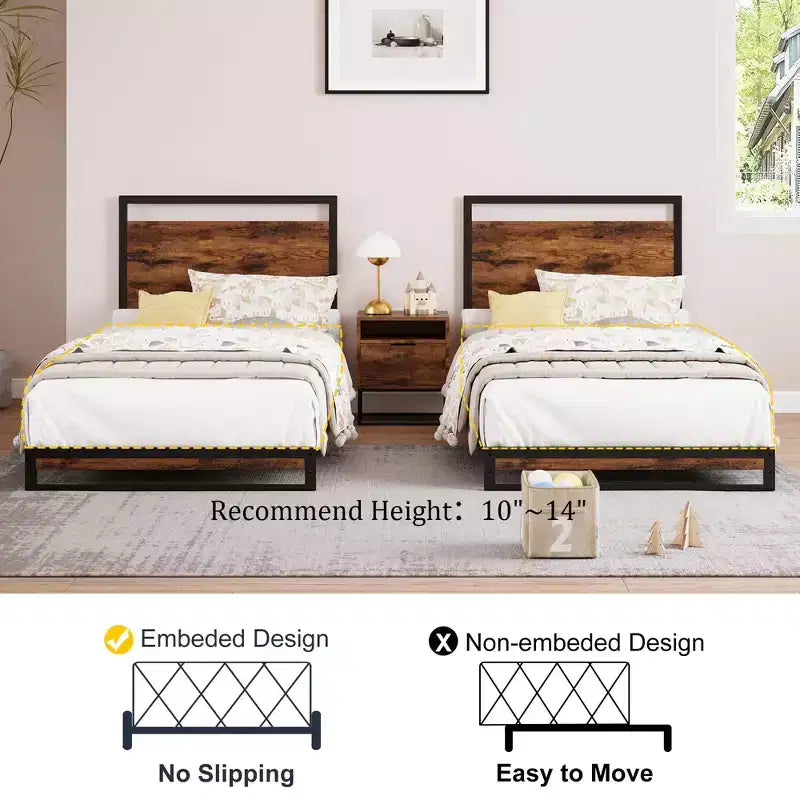 Letto matrimoniale industriale 75.23938.1, telaio in metallo da 272 kg, testiera e pediera in MDF rustico, strisce in EVA silenziose, montaggio senza attrezzi, materasso da 10-14 pollici