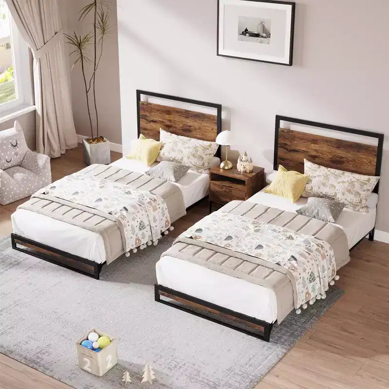Letto matrimoniale industriale 75.23938.1, telaio in metallo da 272 kg, testiera e pediera in MDF rustico, strisce in EVA silenziose, montaggio senza attrezzi, materasso da 10-14 pollici