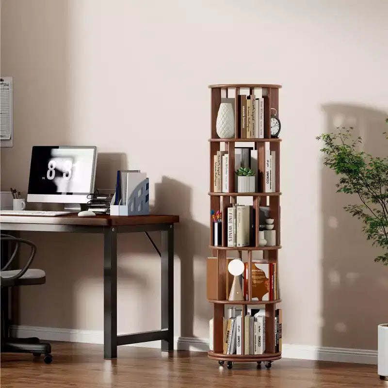 Libreria ad angolo in legno su ruote, Libreria girevole a 360°, Scaffale stretto
