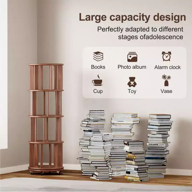 Libreria ad angolo in legno su ruote, Libreria girevole a 360°, Scaffale stretto