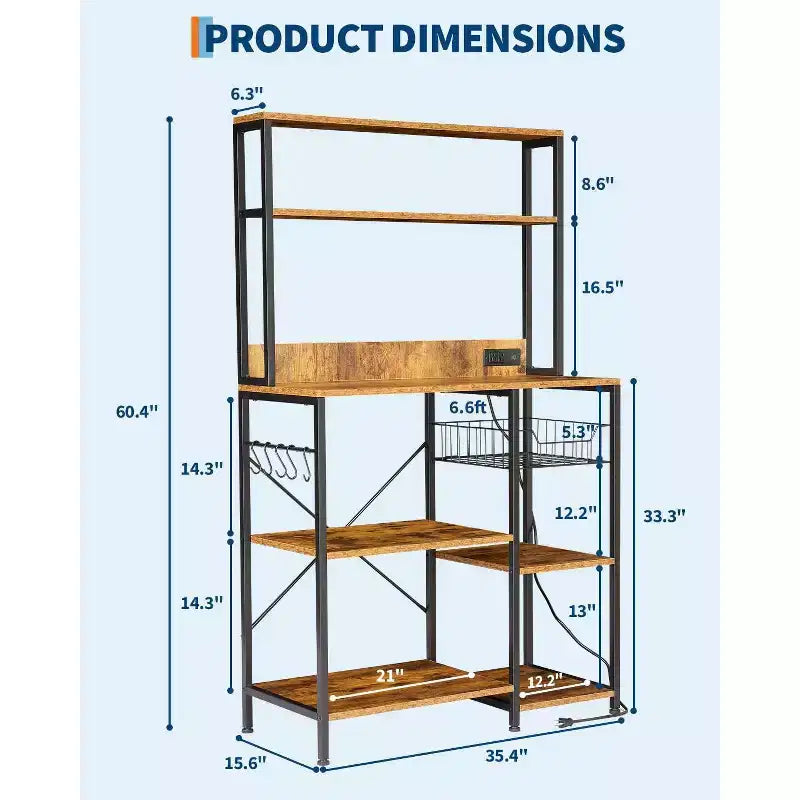 Scaffale da Cucina per Forno a Microonde Rustico Marrone con Presa di Corrente, Scaffale a 4 Livelli per Microonde e Tavolo da Caffè (Include 6 Ganci a S per Pentole)