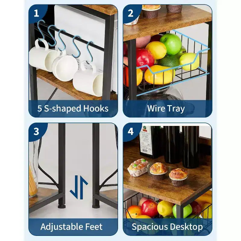 Scaffale da Cucina per Forno a Microonde Rustico Marrone con Presa di Corrente, Scaffale a 4 Livelli per Microonde e Tavolo da Caffè (Include 6 Ganci a S per Pentole)