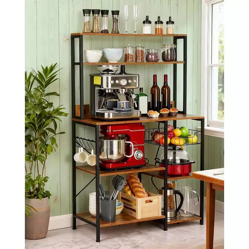 Scaffale da Cucina per Forno a Microonde Rustico Marrone con Presa di Corrente, Scaffale a 4 Livelli per Microonde e Tavolo da Caffè (Include 6 Ganci a S per Pentole)
