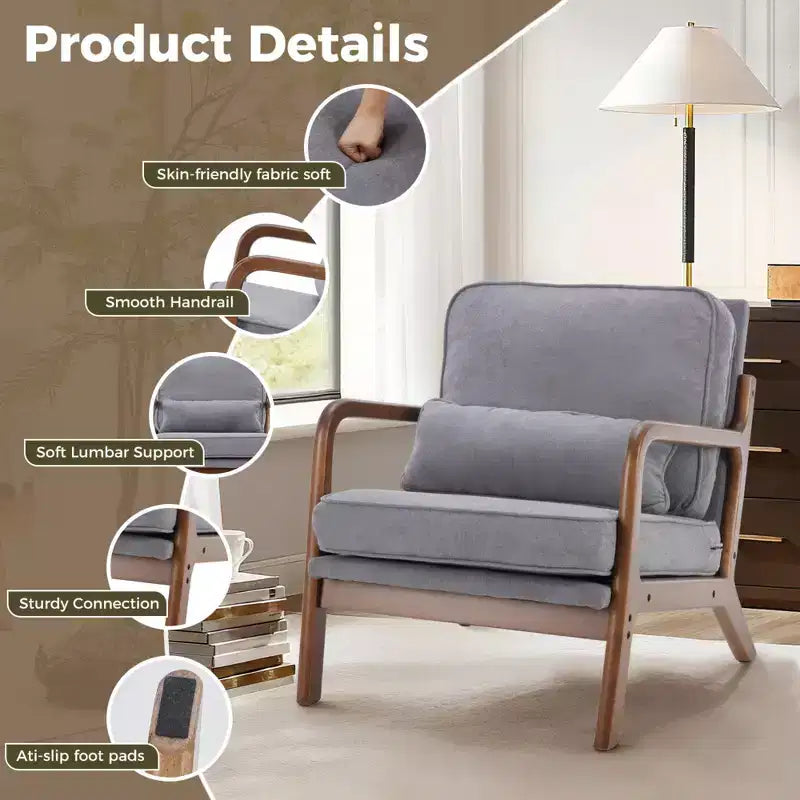 Poltrona mid-century moderna Zeus & Ruta con braccioli e cuscino lombare, struttura in legno massiccio