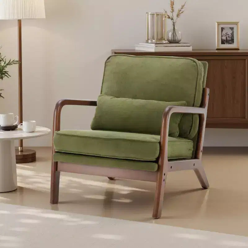 Poltrona mid-century moderna Zeus & Ruta con braccioli e cuscino lombare, struttura in legno massiccio