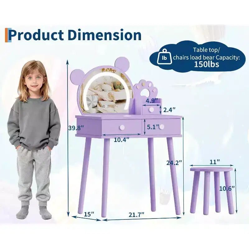 Tocador para Bambine con Luci, Tavolo da Trucco a Forma di Orsetto Carino, Set Tavolino da Trucco Principessa in Legno con Cassetti Portaoggetti e Sgabello per Bambine