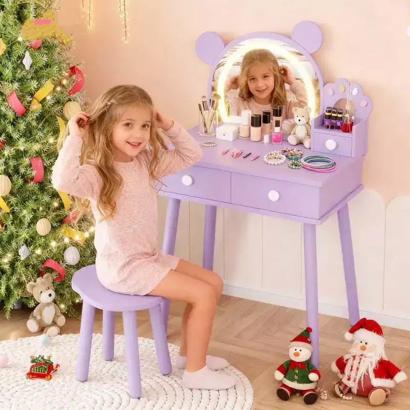 Tocador para Bambine con Luci, Tavolo da Trucco a Forma di Orsetto Carino, Set Tavolino da Trucco Principessa in Legno con Cassetti Portaoggetti e Sgabello per Bambine