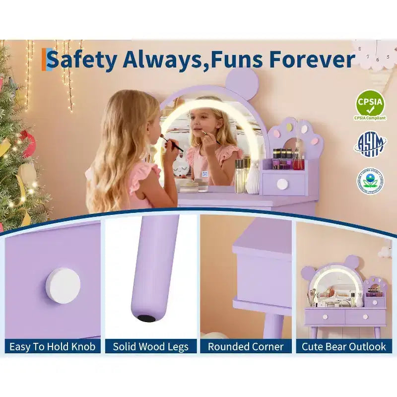 Tocador para Bambine con Luci, Tavolo da Trucco a Forma di Orsetto Carino, Set Tavolino da Trucco Principessa in Legno con Cassetti Portaoggetti e Sgabello per Bambine