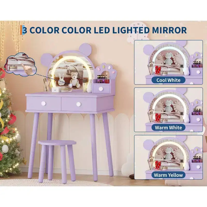 Tocador para Bambine con Luci, Tavolo da Trucco a Forma di Orsetto Carino, Set Tavolino da Trucco Principessa in Legno con Cassetti Portaoggetti e Sgabello per Bambine
