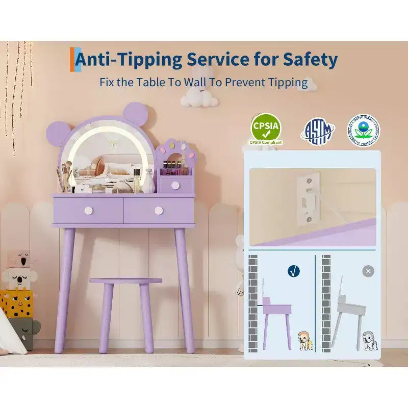 Tocador para Bambine con Luci, Tavolo da Trucco a Forma di Orsetto Carino, Set Tavolino da Trucco Principessa in Legno con Cassetti Portaoggetti e Sgabello per Bambine