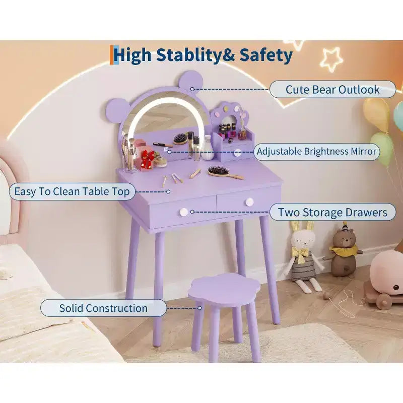 Tocador para Bambine con Luci, Tavolo da Trucco a Forma di Orsetto Carino, Set Tavolino da Trucco Principessa in Legno con Cassetti Portaoggetti e Sgabello per Bambine