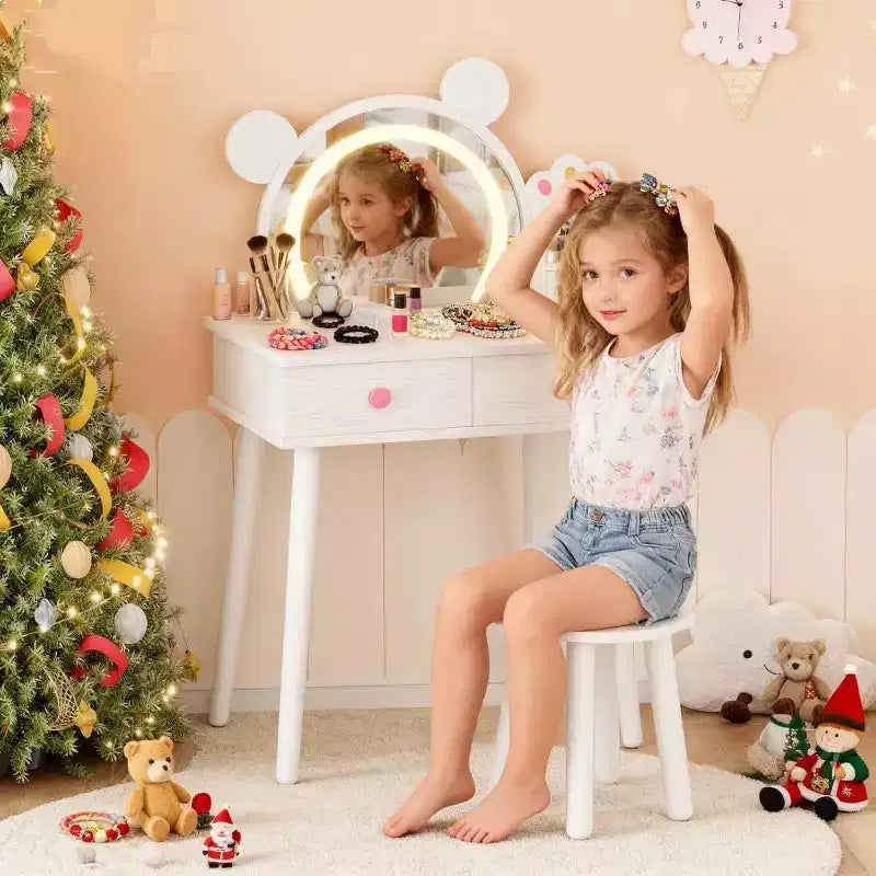 Tocador para Bambine con Luci, Tavolo da Trucco a Forma di Orsetto Carino, Set Tavolino da Trucco Principessa in Legno con Cassetti Portaoggetti e Sgabello per Bambine