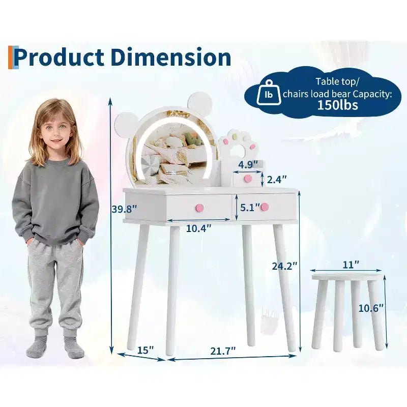 Tocador para Bambine con Luci, Tavolo da Trucco a Forma di Orsetto Carino, Set Tavolino da Trucco Principessa in Legno con Cassetti Portaoggetti e Sgabello per Bambine