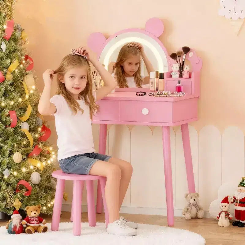 Tocador para Bambine con Luci, Tavolo da Trucco a Forma di Orsetto Carino, Set Tavolino da Trucco Principessa in Legno con Cassetti Portaoggetti e Sgabello per Bambine