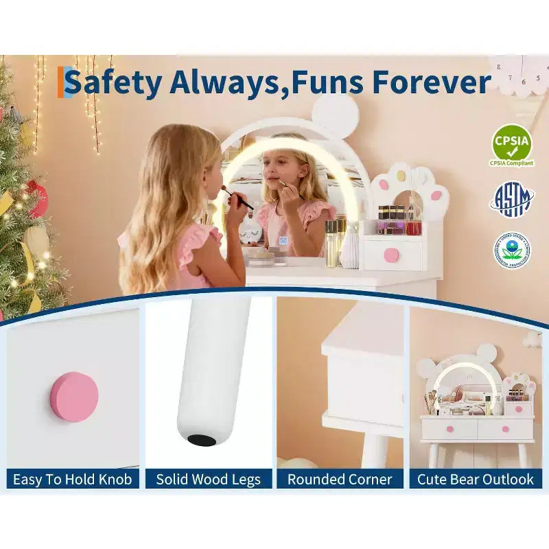 Tocador para Bambine con Luci, Tavolo da Trucco a Forma di Orsetto Carino, Set Tavolino da Trucco Principessa in Legno con Cassetti Portaoggetti e Sgabello per Bambine
