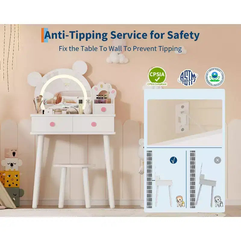 Tocador para Bambine con Luci, Tavolo da Trucco a Forma di Orsetto Carino, Set Tavolino da Trucco Principessa in Legno con Cassetti Portaoggetti e Sgabello per Bambine