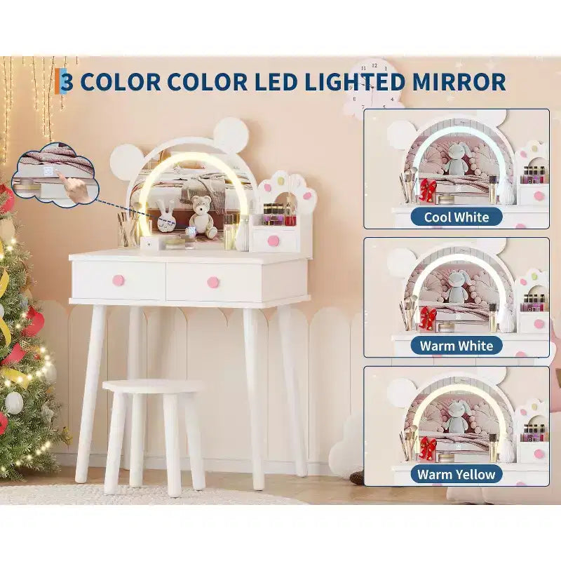 Tocador para Bambine con Luci, Tavolo da Trucco a Forma di Orsetto Carino, Set Tavolino da Trucco Principessa in Legno con Cassetti Portaoggetti e Sgabello per Bambine