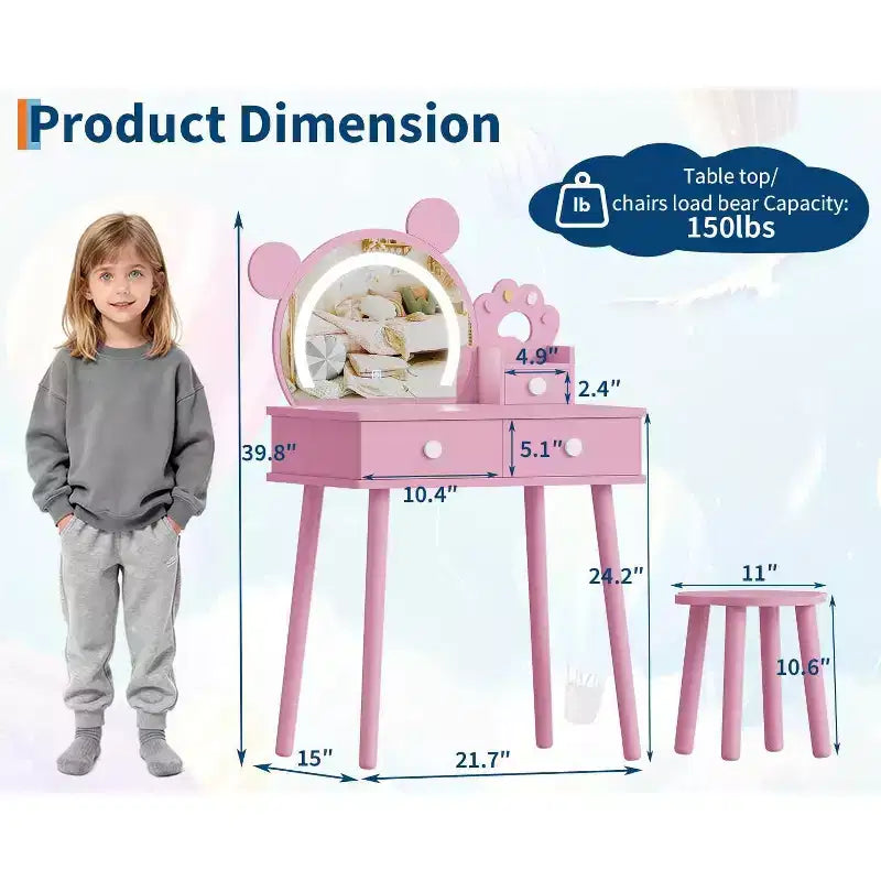 Tocador para Bambine con Luci, Tavolo da Trucco a Forma di Orsetto Carino, Set Tavolino da Trucco Principessa in Legno con Cassetti Portaoggetti e Sgabello per Bambine