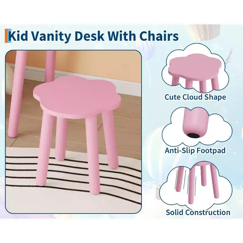 Tocador para Bambine con Luci, Tavolo da Trucco a Forma di Orsetto Carino, Set Tavolino da Trucco Principessa in Legno con Cassetti Portaoggetti e Sgabello per Bambine