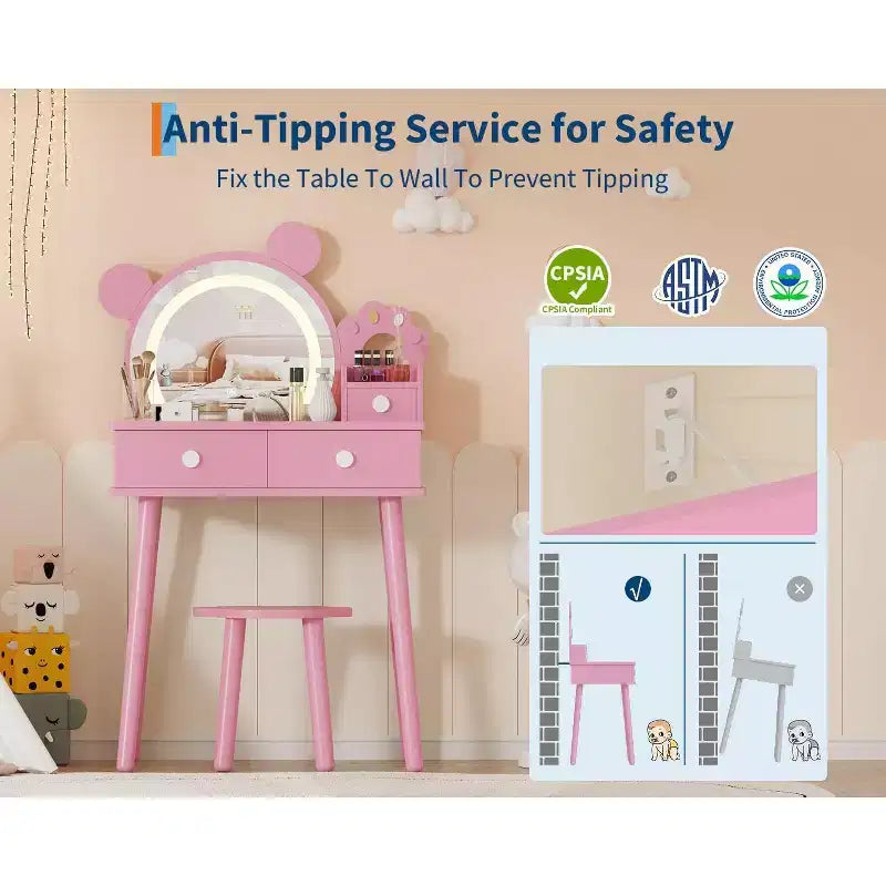 Tocador para Bambine con Luci, Tavolo da Trucco a Forma di Orsetto Carino, Set Tavolino da Trucco Principessa in Legno con Cassetti Portaoggetti e Sgabello per Bambine