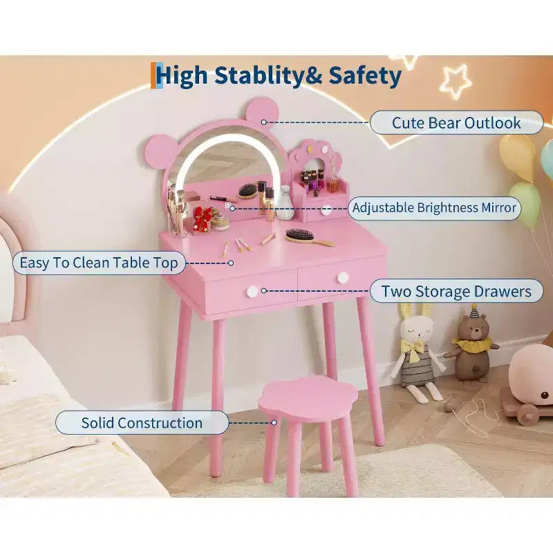 Tocador para Bambine con Luci, Tavolo da Trucco a Forma di Orsetto Carino, Set Tavolino da Trucco Principessa in Legno con Cassetti Portaoggetti e Sgabello per Bambine