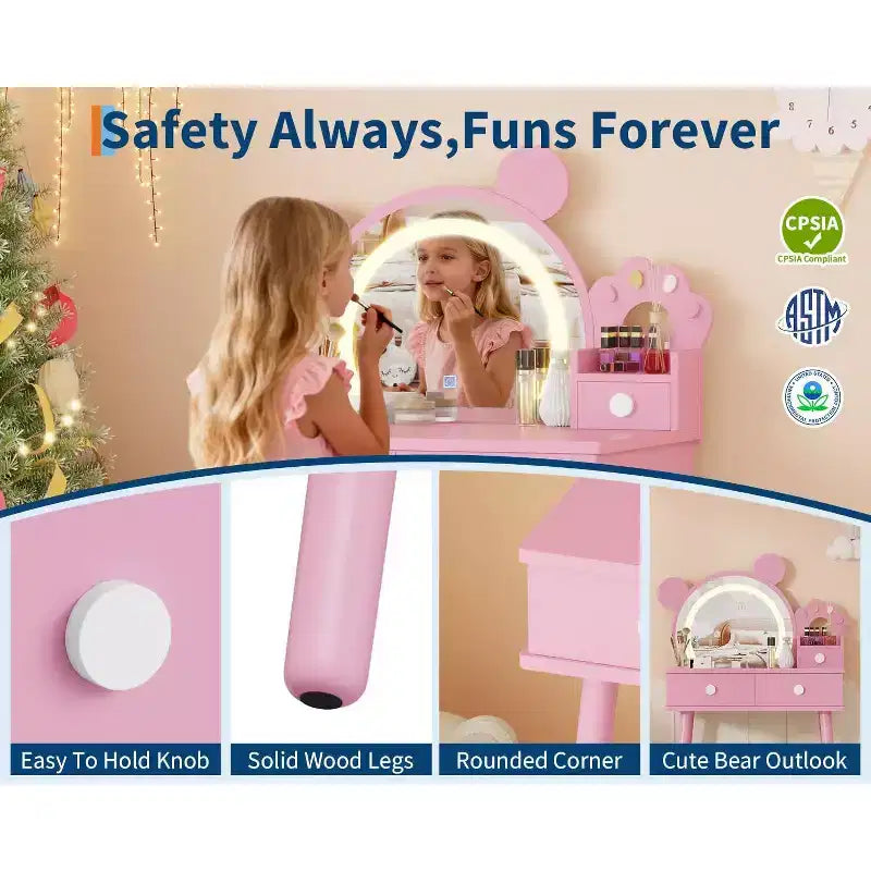 Tocador para Bambine con Luci, Tavolo da Trucco a Forma di Orsetto Carino, Set Tavolino da Trucco Principessa in Legno con Cassetti Portaoggetti e Sgabello per Bambine