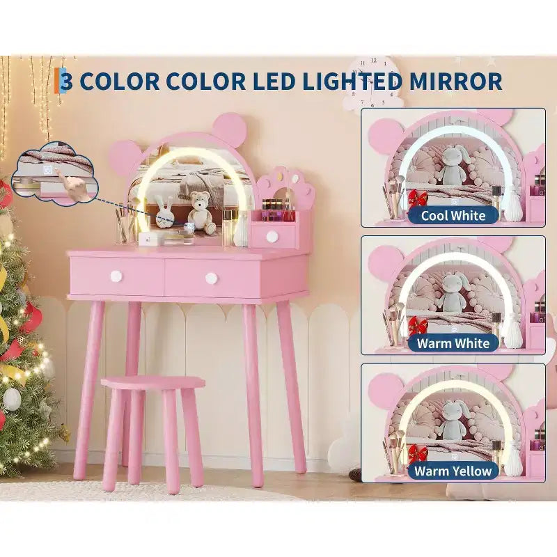Tocador para Bambine con Luci, Tavolo da Trucco a Forma di Orsetto Carino, Set Tavolino da Trucco Principessa in Legno con Cassetti Portaoggetti e Sgabello per Bambine