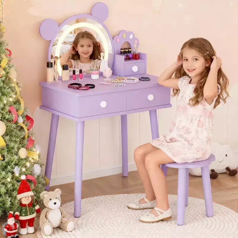 Tocador para Bambine con Luci, Tavolo da Trucco a Forma di Orsetto Carino, Set Tavolino da Trucco Principessa in Legno con Cassetti Portaoggetti e Sgabello per Bambine