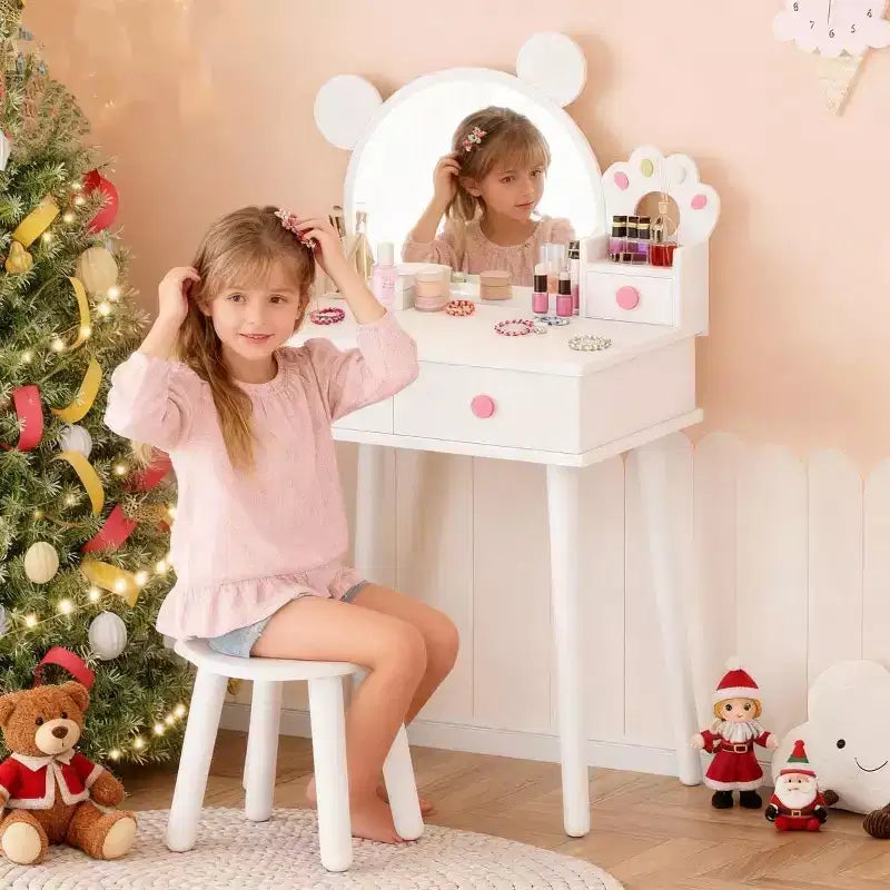 Tocador para Bambine con Luci, Tavolo da Trucco a Forma di Orsetto Carino, Set Tavolino da Trucco Principessa in Legno con Cassetti Portaoggetti e Sgabello per Bambine