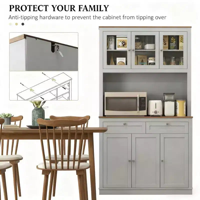 Okak Farmhouse Mobile Dispensa da Cucina con 6 Ante e Supporto per Microonde, Credenza per Soggiorno, Cucina