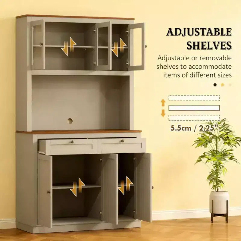 Okak Farmhouse Mobile Dispensa da Cucina con 6 Ante e Supporto per Microonde, Credenza per Soggiorno, Cucina