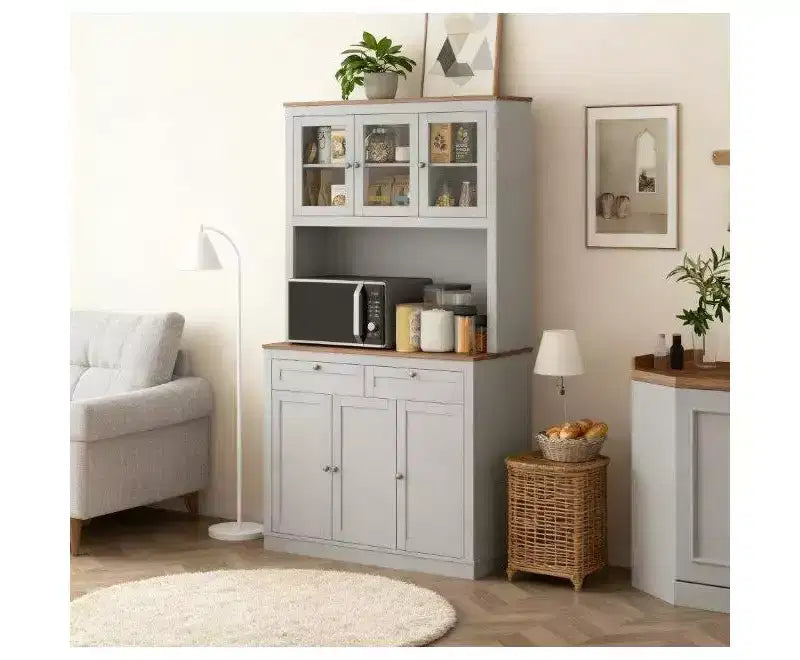 Okak Farmhouse Mobile Dispensa da Cucina con 6 Ante e Supporto per Microonde, Credenza per Soggiorno, Cucina