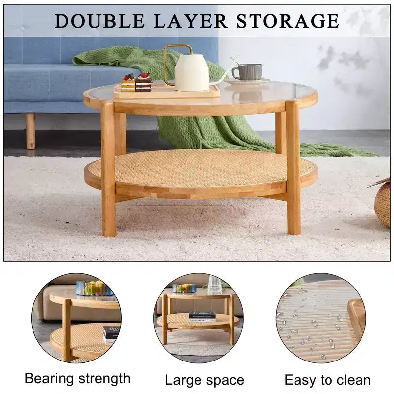 Tavolino da Caffè, Rotondo Moderno Minimalista a Doppio Strato in Legno con Rattan Intrecciato Stile Cinese, Tavolino d'Appoggio per Soggiorno/Sala da Pranzo/Camera da Letto