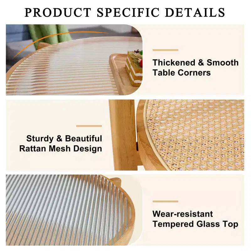 Tavolino da Caffè, Rotondo Moderno Minimalista a Doppio Strato in Legno con Rattan Intrecciato Stile Cinese, Tavolino d'Appoggio per Soggiorno/Sala da Pranzo/Camera da Letto