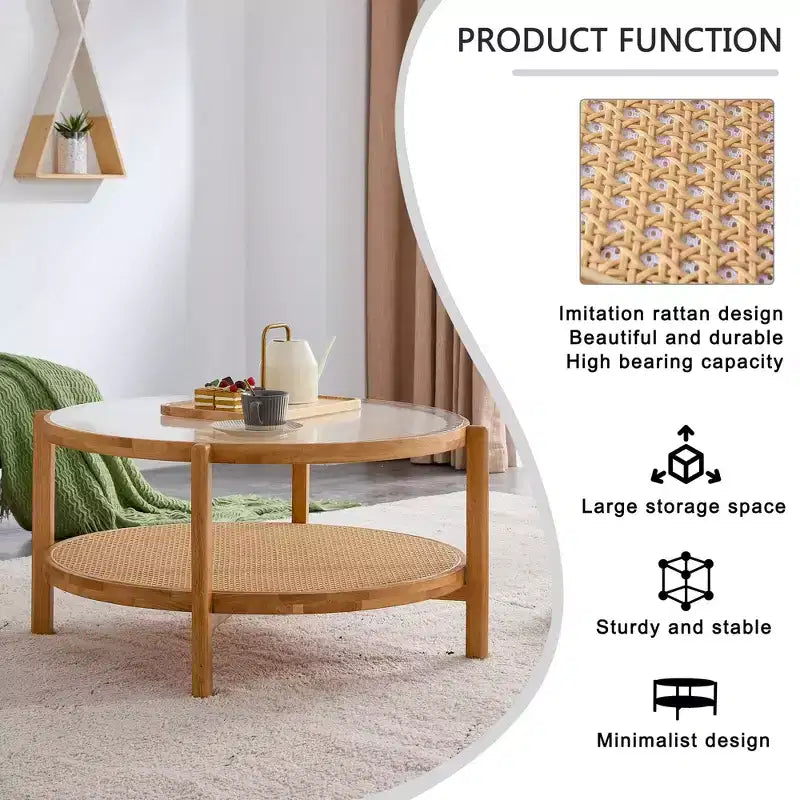 Tavolino da Caffè, Rotondo Moderno Minimalista a Doppio Strato in Legno con Rattan Intrecciato Stile Cinese, Tavolino d'Appoggio per Soggiorno/Sala da Pranzo/Camera da Letto