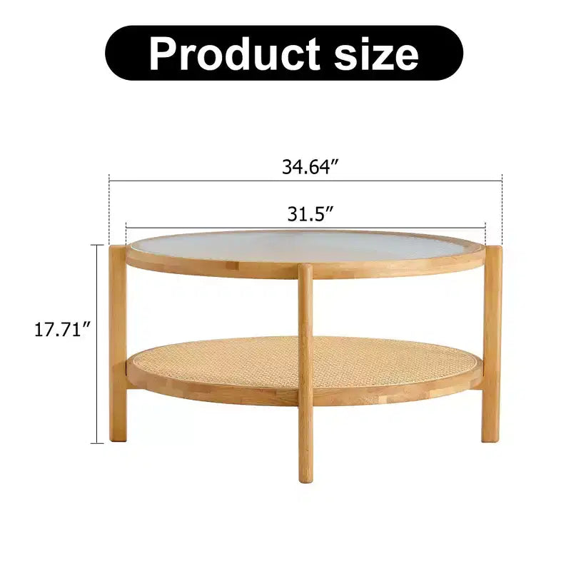 Tavolino da Caffè, Rotondo Moderno Minimalista a Doppio Strato in Legno con Rattan Intrecciato Stile Cinese, Tavolino d'Appoggio per Soggiorno/Sala da Pranzo/Camera da Letto