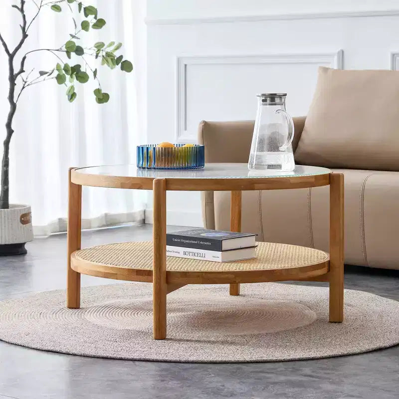 Tavolino da Caffè, Rotondo Moderno Minimalista a Doppio Strato in Legno con Rattan Intrecciato Stile Cinese, Tavolino d'Appoggio per Soggiorno/Sala da Pranzo/Camera da Letto
