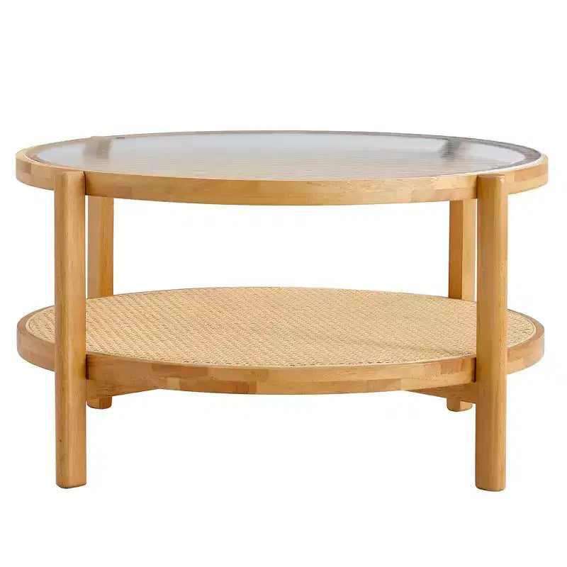 Tavolino da Caffè, Rotondo Moderno Minimalista a Doppio Strato in Legno con Rattan Intrecciato Stile Cinese, Tavolino d'Appoggio per Soggiorno/Sala da Pranzo/Camera da Letto