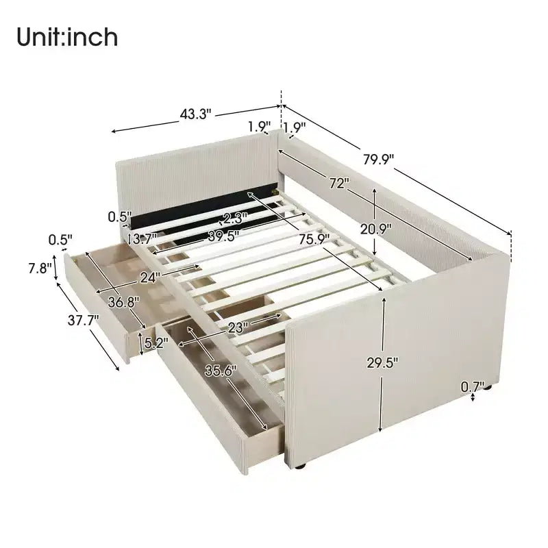 MAYEERTY Letto Divano Singolo in Velluto a Coste, 2 Cassetti, Doghe in Legno, Camera da Letto, Beige