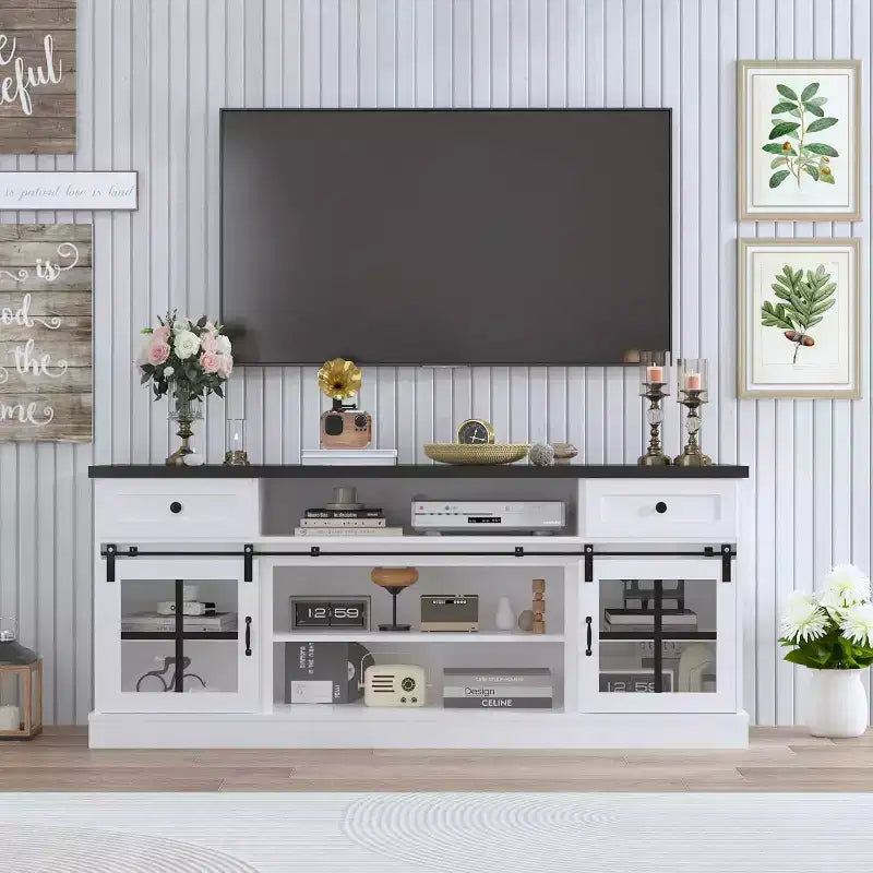 Farmhouse TV Stand for 75 TV, 66 Media Console with 2 Drawers, Power Outlets, Barn Doors & Adjustable Shelves