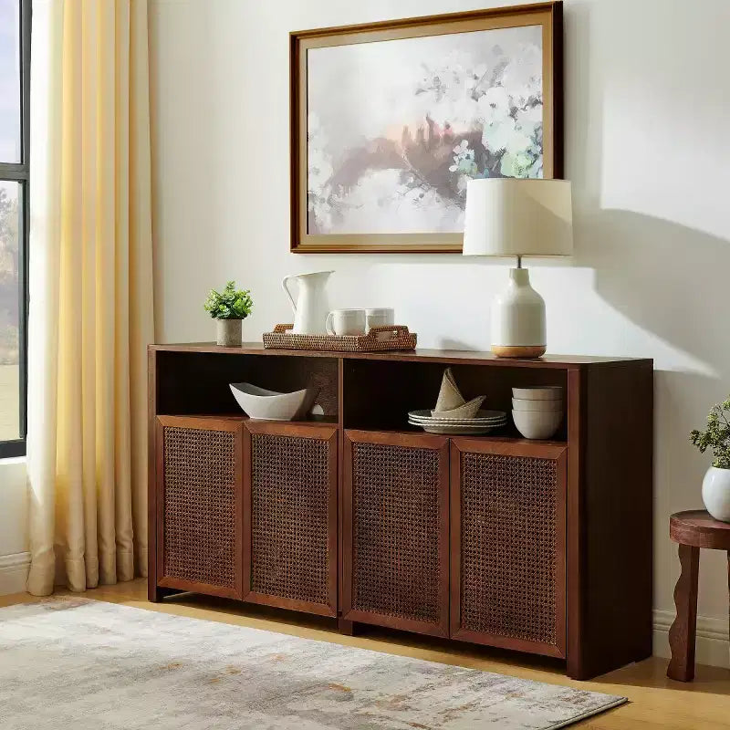 63 Credenza buffet in rattan moderno di metà secolo con spazio di archiviazione, grande tavolo console multimediale per soggiorno, ingresso o cucina-Panipeachy