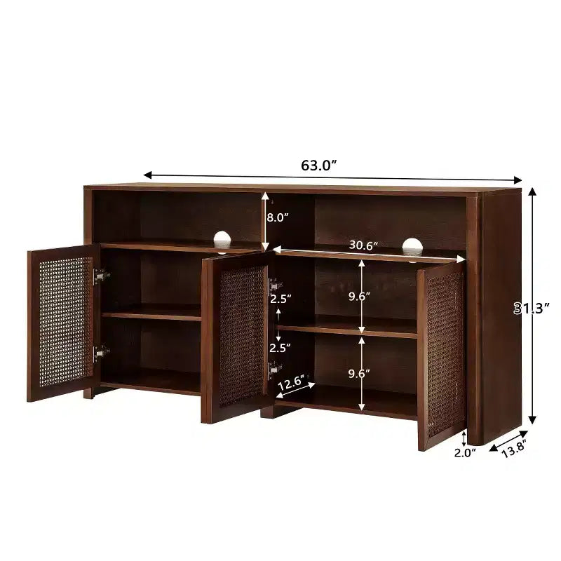 63 Credenza buffet in rattan moderno di metà secolo con spazio di archiviazione, grande tavolo console multimediale per soggiorno, ingresso o cucina-Panipeachy