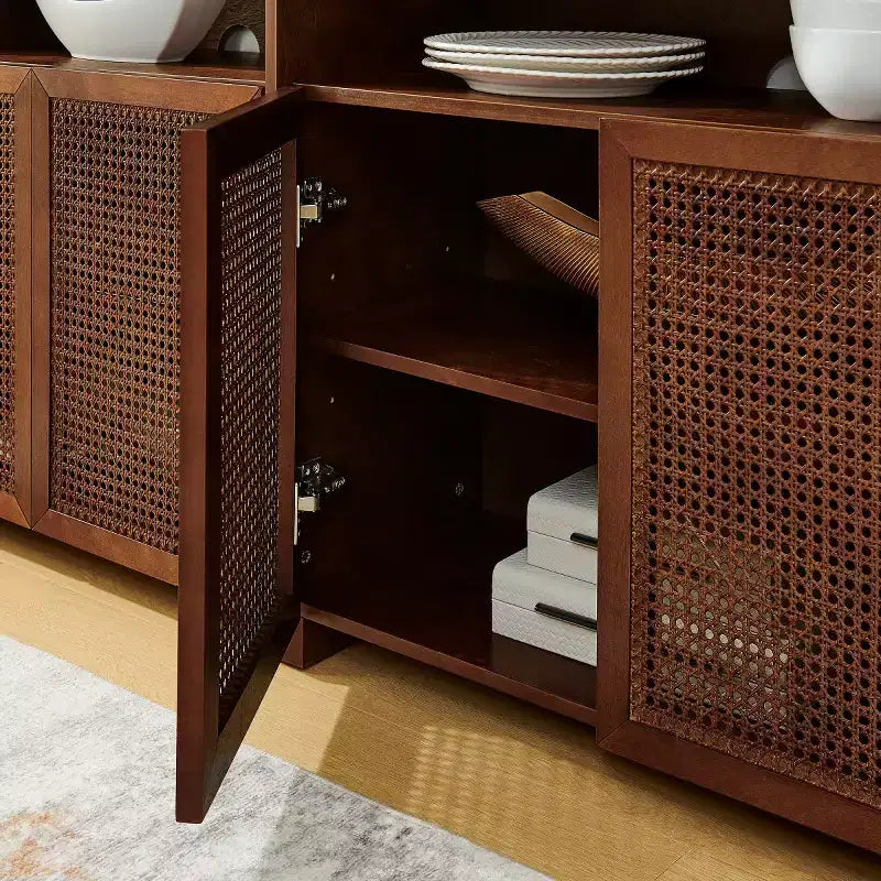 63 Credenza buffet in rattan moderno di metà secolo con spazio di archiviazione, grande tavolo console multimediale per soggiorno, ingresso o cucina-Panipeachy