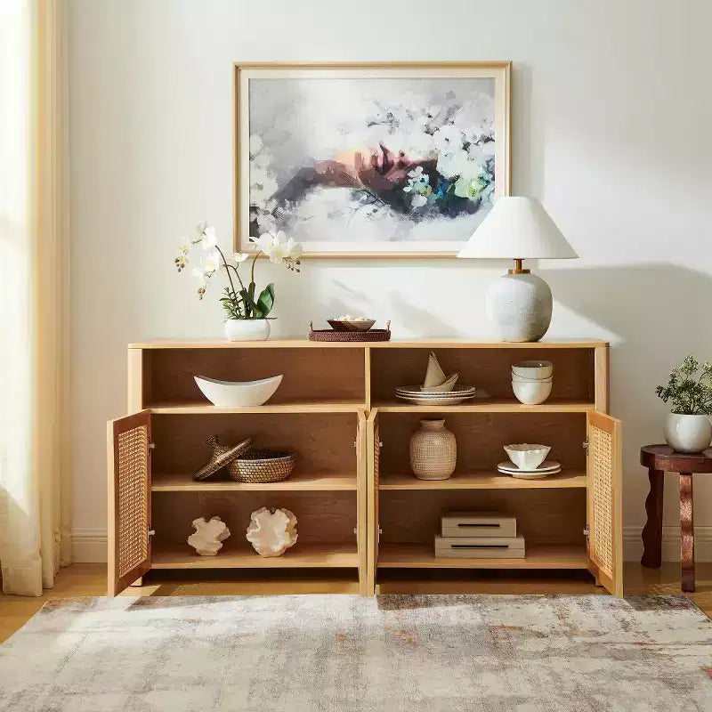 63 Credenza buffet in rattan moderno di metà secolo con spazio di archiviazione, grande tavolo console multimediale per soggiorno, ingresso o cucina-Panipeachy