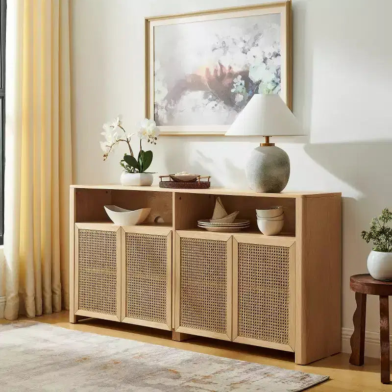 63 Credenza buffet in rattan moderno di metà secolo con spazio di archiviazione, grande tavolo console multimediale per soggiorno, ingresso o cucina-Panipeachy