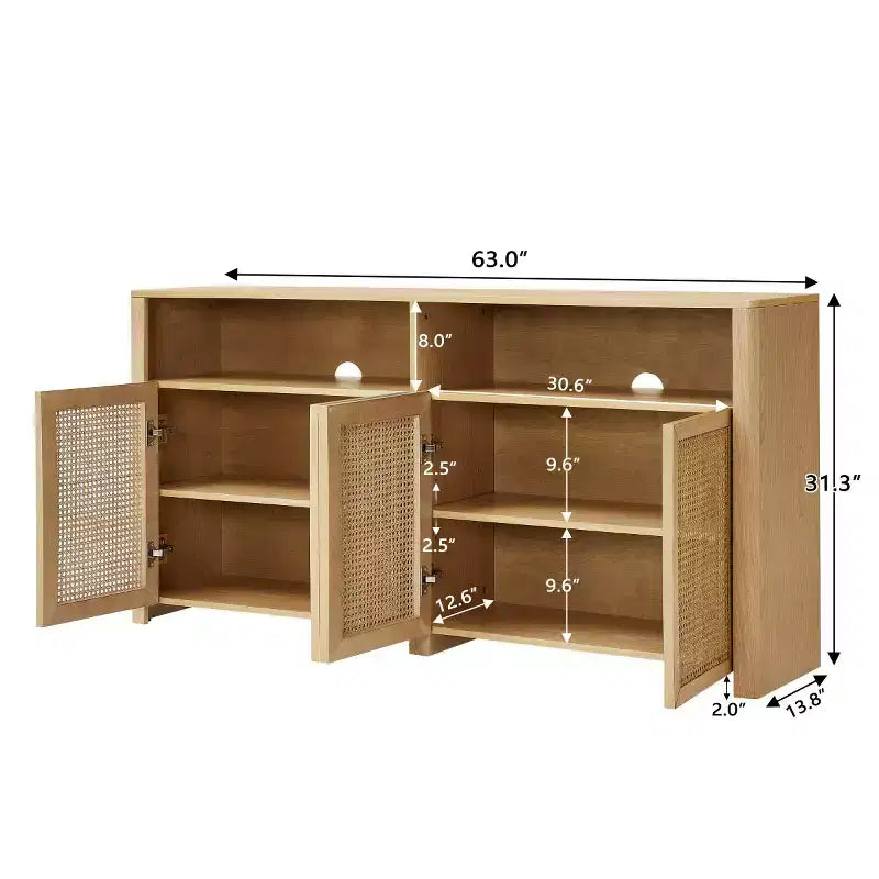 63 Credenza buffet in rattan moderno di metà secolo con spazio di archiviazione, grande tavolo console multimediale per soggiorno, ingresso o cucina-Panipeachy